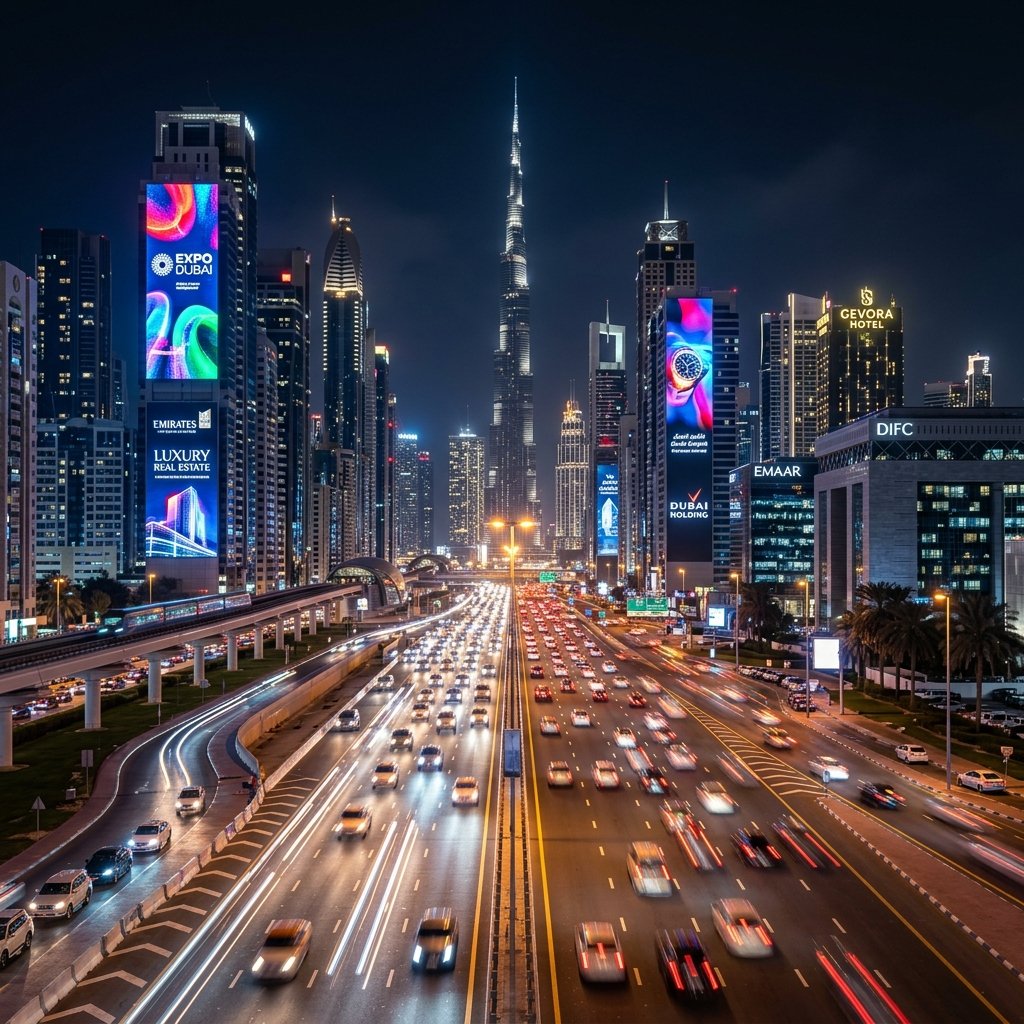Dubai Sheikh Zayed Road at night with OOH digital billboards